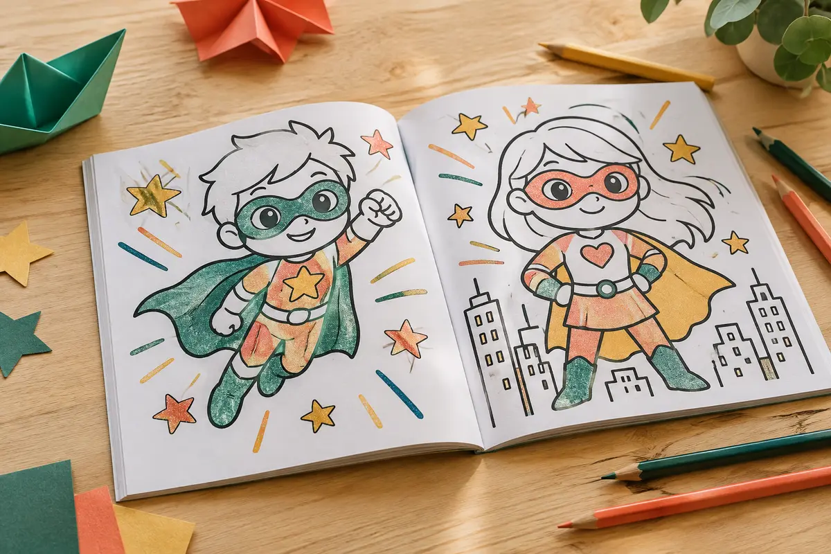 Livre de coloriage ouvert avec des dessins de héros et des contours pailletés en relief