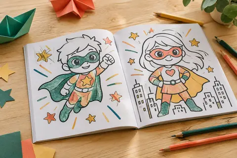 Livre de coloriage ouvert avec des dessins de héros et des contours pailletés en relief