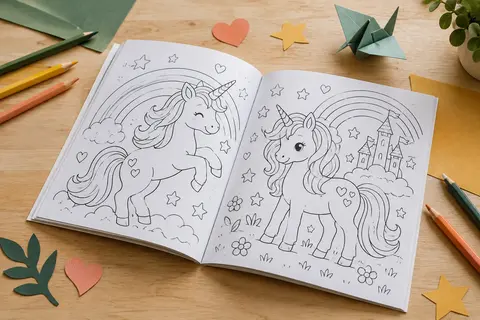 Livre de coloriage ouvert avec des dessins de licornes, entouré de crayons de couleur sur une table claire.