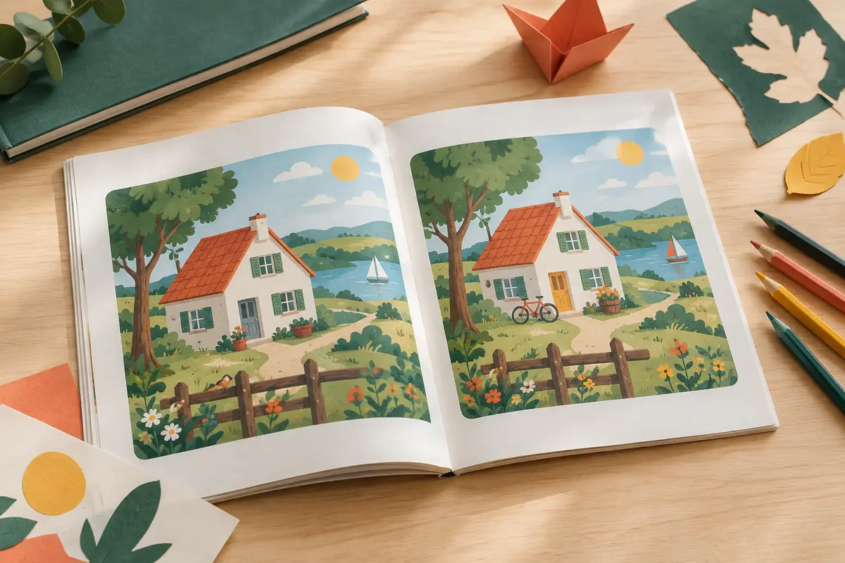 Cahier de jeux des différences ouvert sur une table claire, accompagné de crayons de couleur