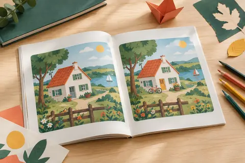Cahier de jeux des différences ouvert sur une table claire, accompagné de crayons de couleur