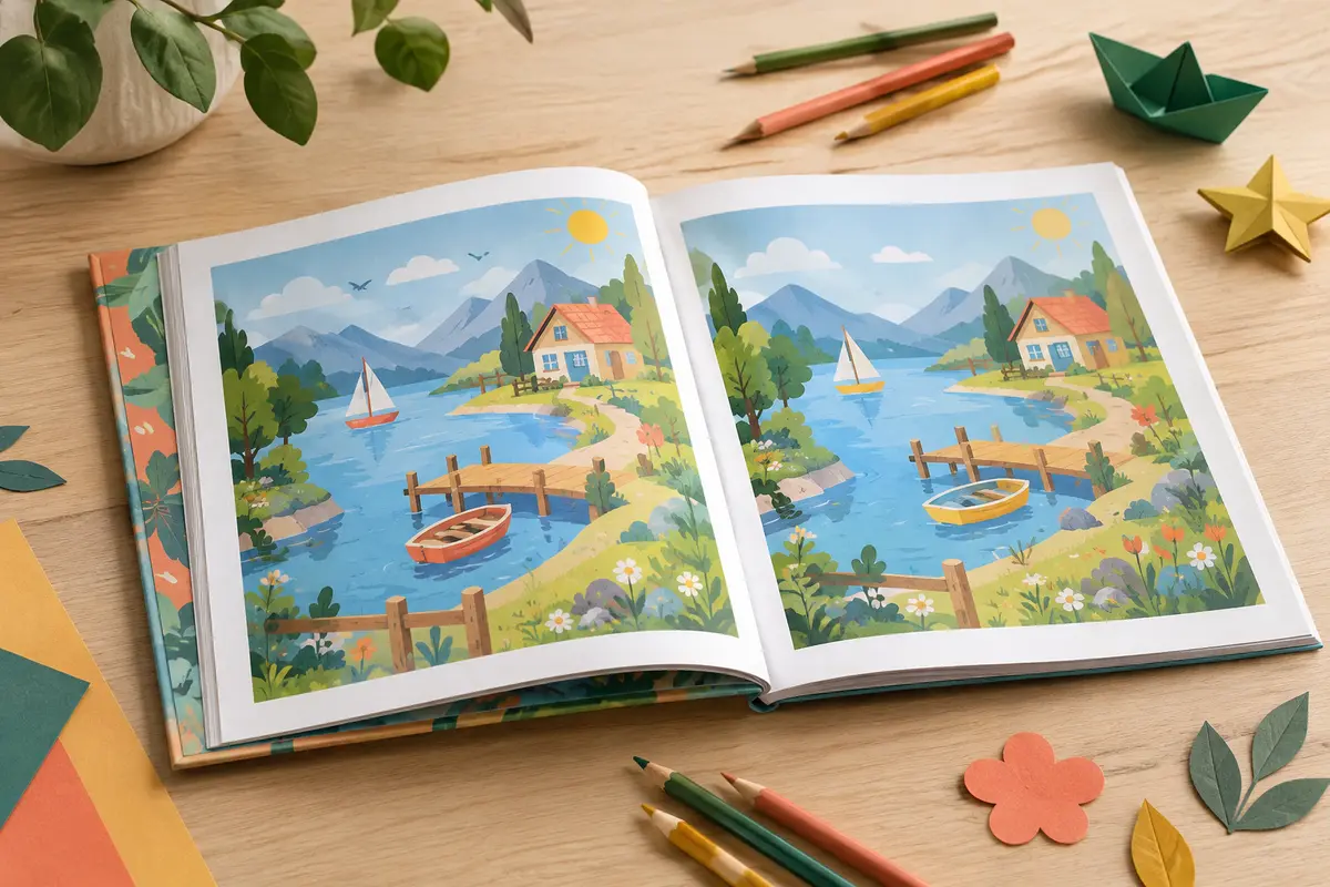 Livre de jeux des différences ouvert sur une table claire, entouré de quelques crayons de couleur