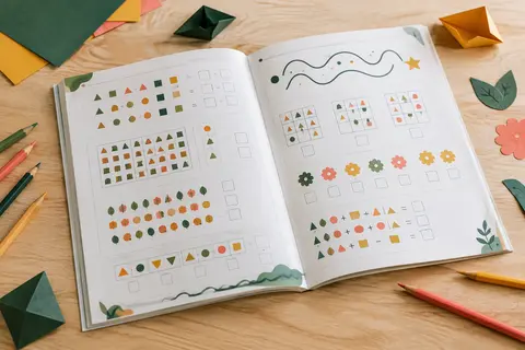 Cahier de jeux de maths ouvert sur une table claire, avec des crayons de couleur et des formes en papier.