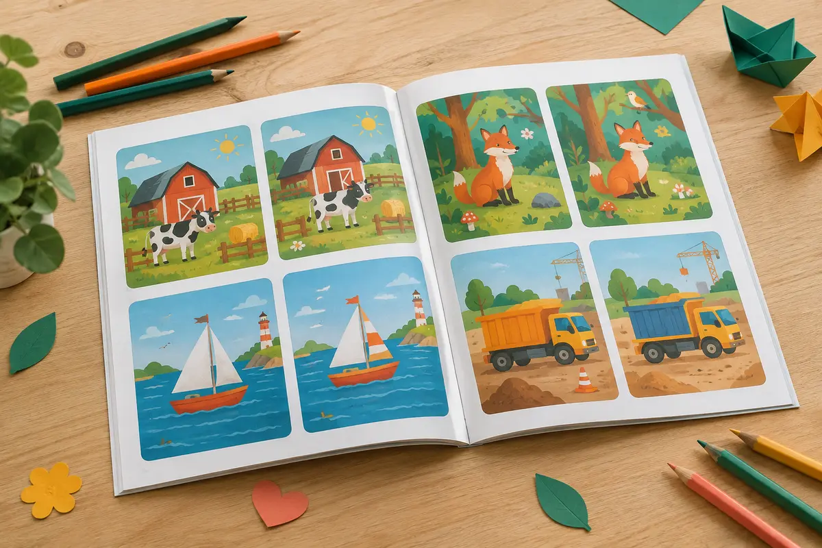 Cahier de jeux des différences ouvert sur des illustrations colorées, accompagné de crayons sur une table claire