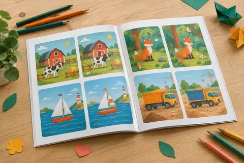 Cahier de jeux des différences ouvert sur des illustrations colorées, accompagné de crayons sur une table claire