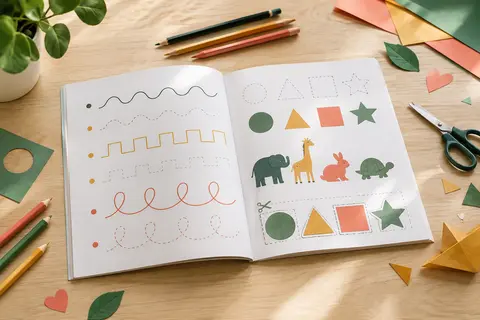 Cahier de découpage ouvert sur une table claire, entouré de crayons et de formes en papier
