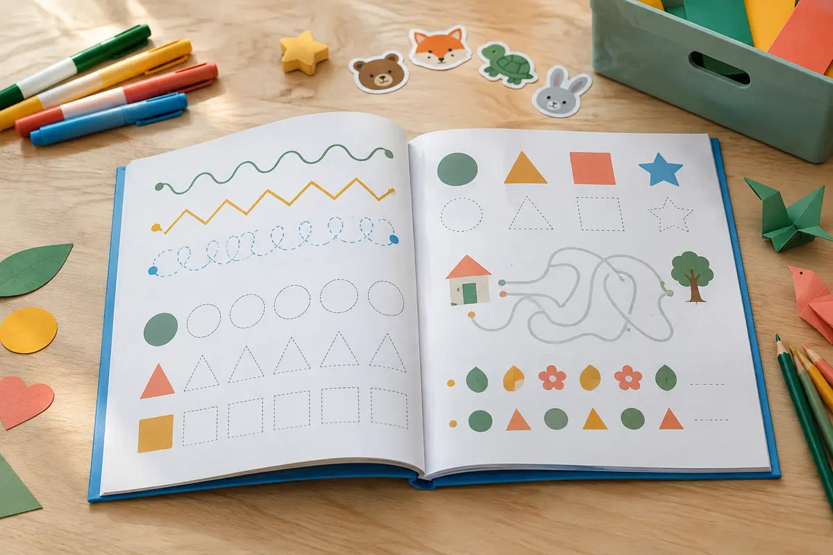 Cahier d’activités effaçable ouvert avec marqueurs colorés, gomme étoile et boîte de rangement