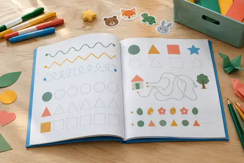 Cahier d’activités effaçable ouvert avec marqueurs colorés, gomme étoile et boîte de rangement