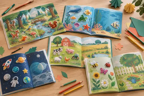 Six albums ouverts avec des scènes illustrées et des autocollants réutilisables en relief
