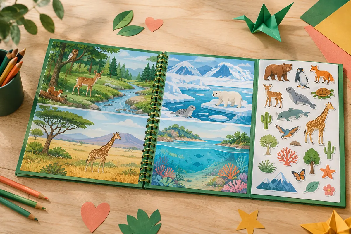 Livre d’autocollants vert ouvert sur des scènes d’animaux, avec des crayons de couleur sur une table claire.