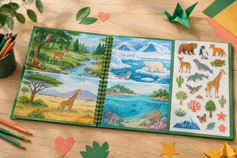 Livre d’autocollants vert ouvert sur des scènes d’animaux, avec des crayons de couleur sur une table claire.
