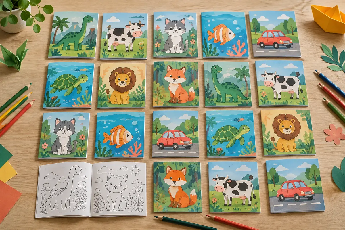 Mini-livrets de coloriage alignés en rangées sur une table en bois clair, couvertures d’animaux et de voitures, l’un ouvert sur des dessins à colorier