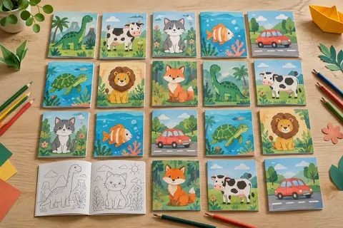Mini-livrets de coloriage alignés en rangées sur une table en bois clair, couvertures d’animaux et de voitures, l’un ouvert sur des dessins à colorier
