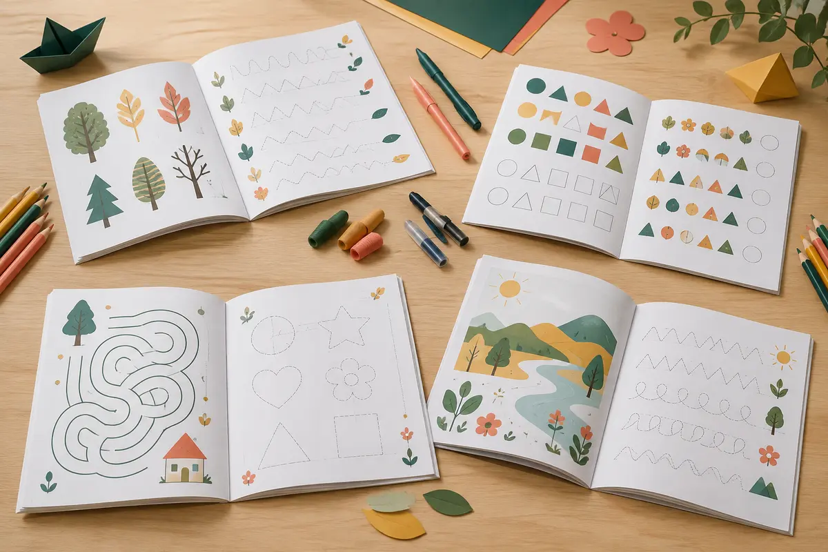 Quatre cahiers d’activités ouverts avec des stylos et des grips sur une table en bois clair
