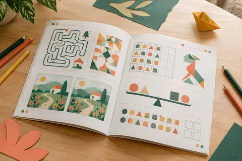 Cahier de jeux de maths ouvert sur une table claire, entouré de crayons de couleur et de papier plié.