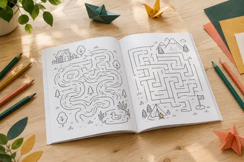 Cahier de labyrinthes ouvert sur une table claire, entouré de crayons de couleur et de papiers pliés.