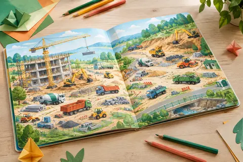 Livre-jeu ouvert sur des scènes illustrées de véhicules, posé sur une table claire avec quelques crayons colorés.