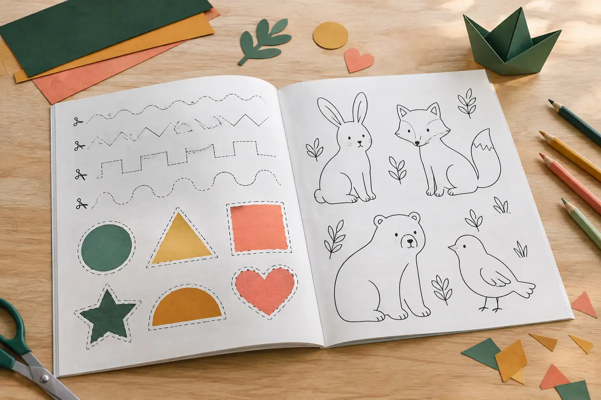 Livre d’activités ouvert avec des animaux à colorier, des formes géométriques et des papiers découpés