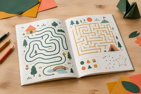 Livre d’énigmes ouvert sur une table claire, entouré de crayons de couleur et de papiers pliés.