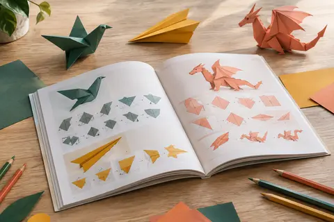 Livre d’origami ouvert sur une table claire, entouré de feuilles et de formes en papier plié