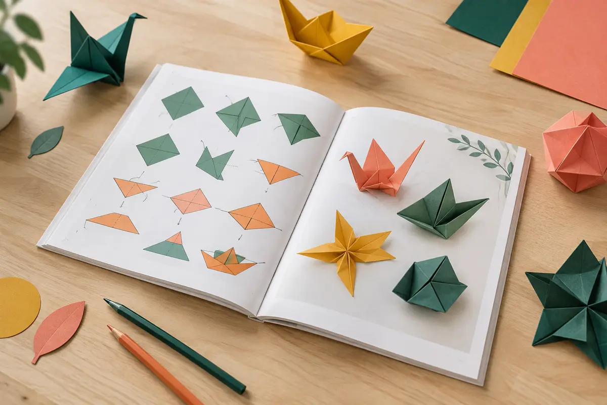 Livre d’origami ouvert sur une table claire, entouré de feuilles pliées et de crayons de couleur.