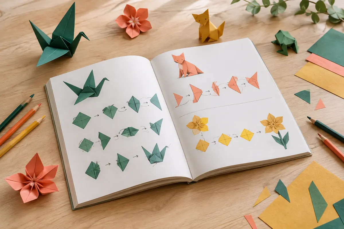 Livre d’origami ouvert sur une table, entouré de formes en papier plié et de crayons de couleur.