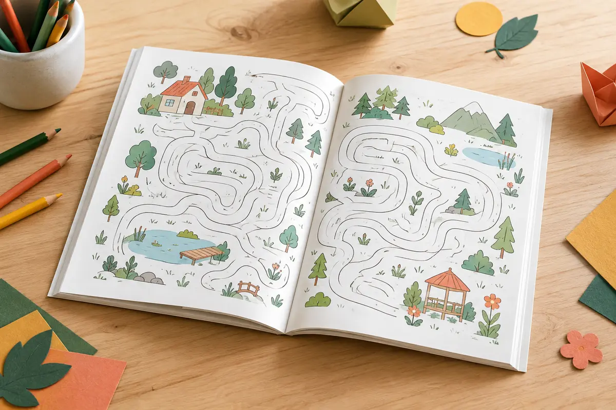 Livre de labyrinthes ouvert sur une table claire, avec des crayons de couleur et des papiers découpés.