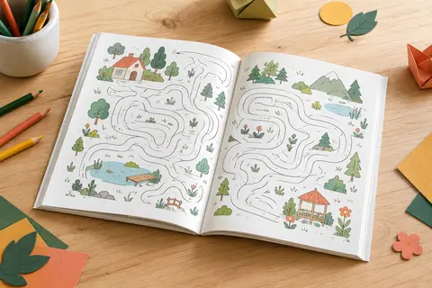 Livre de labyrinthes ouvert sur une table claire, avec des crayons de couleur et des papiers découpés.