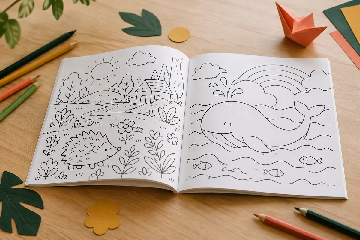 Livre de coloriage carré ouvert sur une table claire, entouré de crayons de couleur et de papiers créatifs.