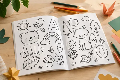 Livre de coloriage ouvert avec dessins à contours épais et crayons de couleur sur une table claire