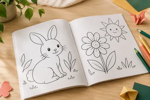 Livre de coloriage ouvert avec des dessins simples au trait noir et quelques crayons de couleur sur une table claire.