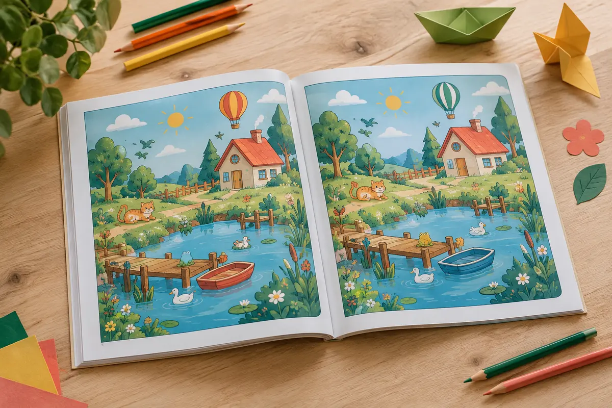 Livre de jeux des différences ouvert sur une table claire, accompagné de quelques crayons de couleur.
