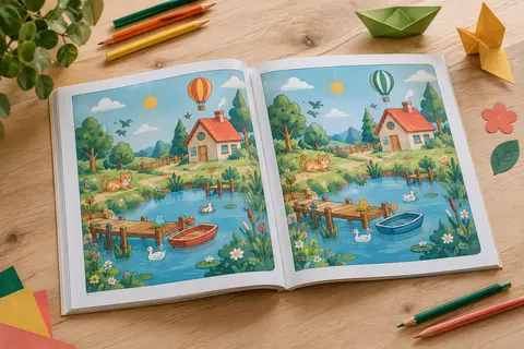 Livre de jeux des différences ouvert sur une table claire, accompagné de quelques crayons de couleur.