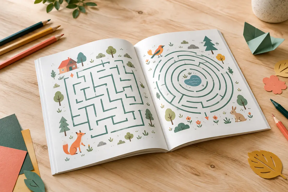 Livre de labyrinthes ouvert sur une table en bois clair avec des crayons de couleur
