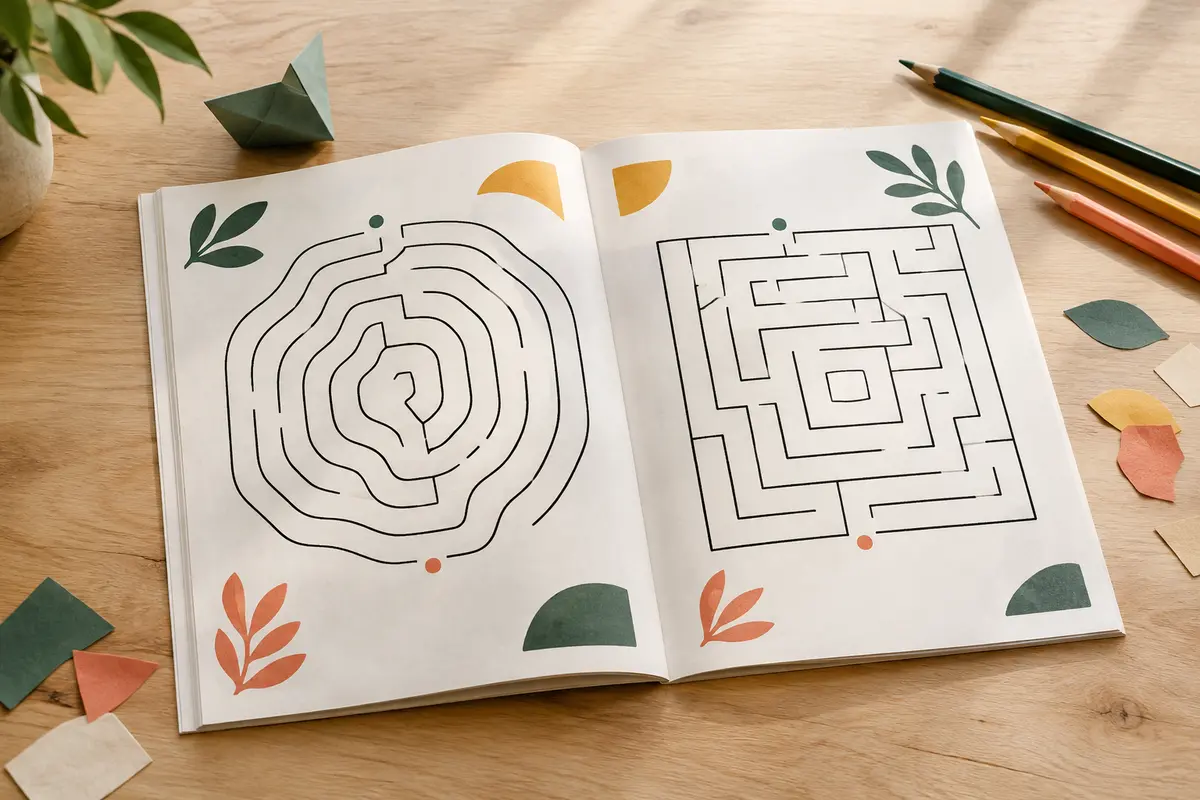 Cahier de labyrinthes ouvert sur une table claire, avec quelques crayons de couleur et des papiers découpés.