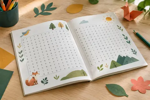 Livre de mots mêlés ouvert sur une table claire, avec des grilles et un crayon de couleur