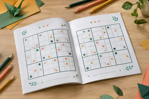 Livre de sudoku pour enfants ouvert sur une table en bois clair, avec des crayons près des grilles
