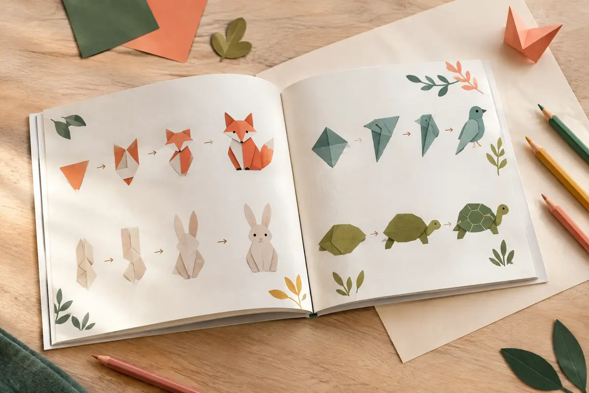 Livre ouvert avec des dessins d’animaux étape par étape et des crayons de couleur sur une table claire.