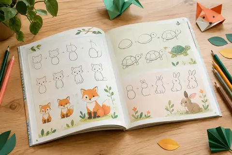 Livre de dessin ouvert avec des étapes d’animaux colorés et quelques crayons sur une table claire