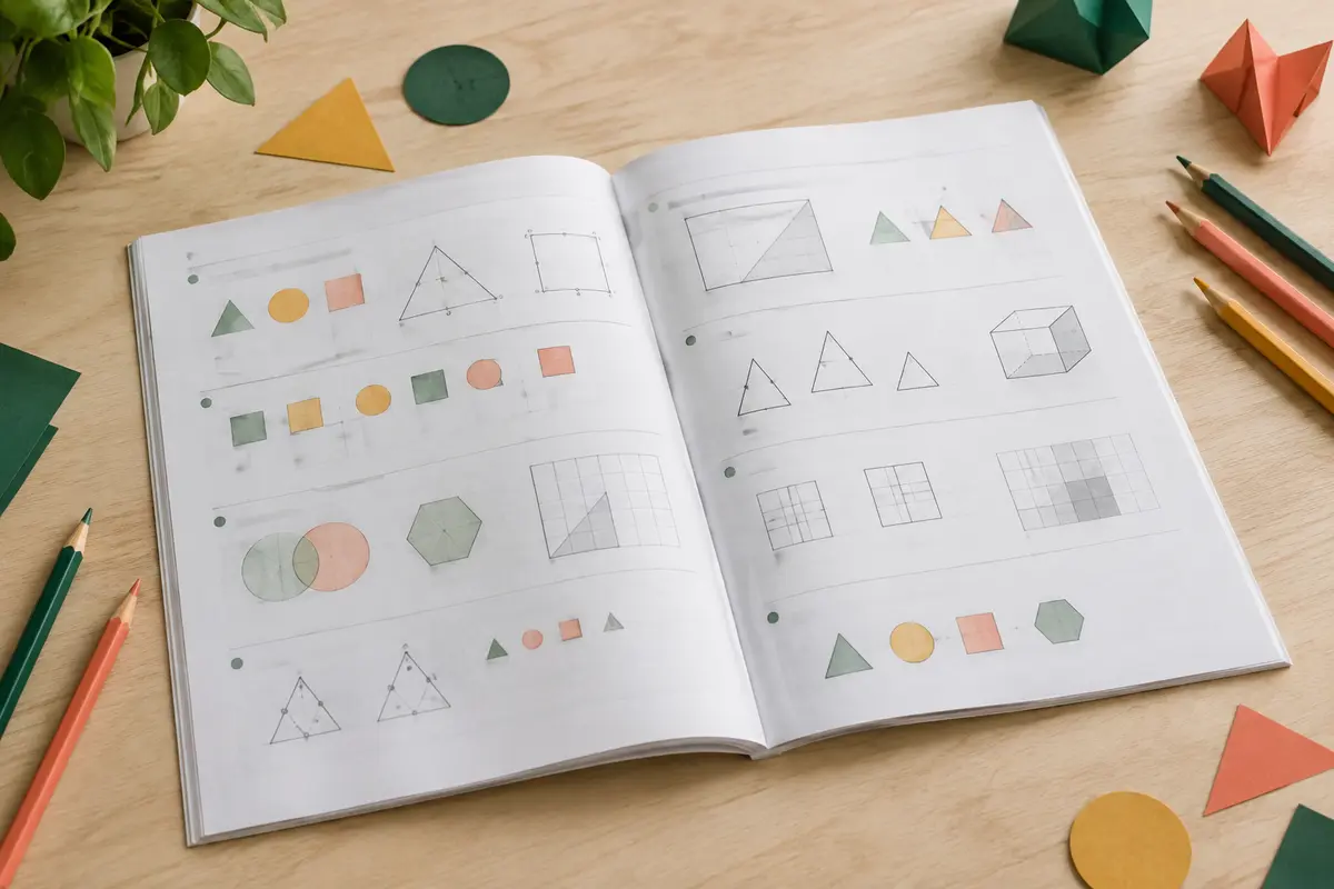 Cahier de maths ouvert avec exercices illustrés, autocollants et crayons sur une table en bois clair.