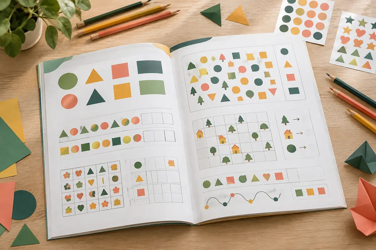 Cahier de mathématiques ouvert avec des jeux de formes et de nombres, des crayons et des autocollants.