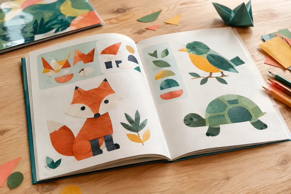 Cahier de découpage et collage ouvert, avec des formes d’animaux en couleur sur une table claire