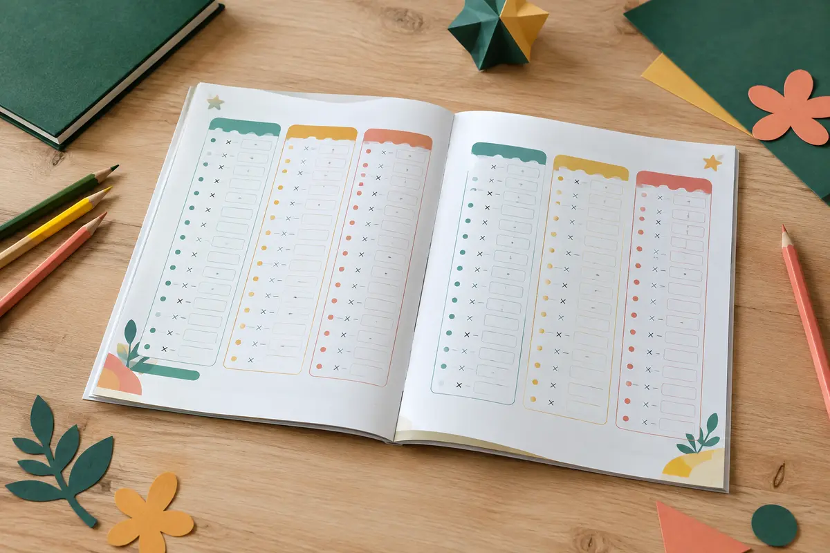 Cahier de multiplication ouvert sur une table claire, entouré de crayons de couleur et de papiers découpés.