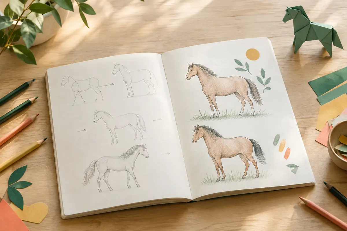 Cahier de dessin ouvert avec des étapes de chevaux, posé sur une table claire près de crayons de couleur.