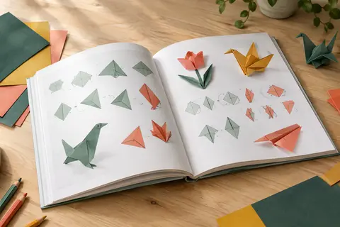 Livre d’origami ouvert sur une table claire, accompagné de pliages en papier et de feuilles colorées.