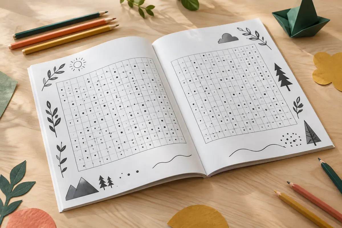 Livre de mots mêlés ouvert sur des grilles en noir et blanc, accompagné de crayons sur une table claire.