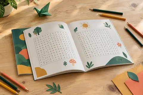 Livre broché de mots mêlés ouvert sur une grille, accompagné de quelques crayons sur une table claire.