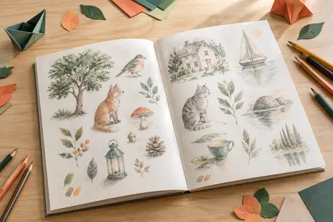 Livre de dessin ouvert sur une table claire, accompagné de crayons de couleur et de papiers pliés.