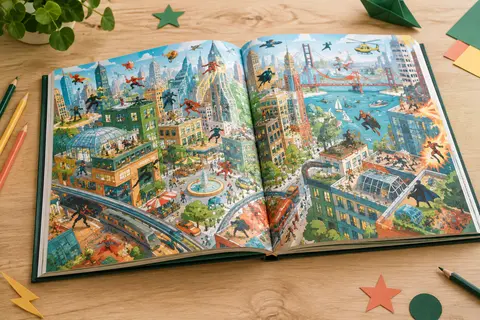 Album cherche et trouve ouvert sur une table, avec des scènes colorées de super-héros à explorer
