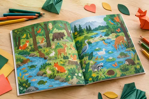 Livre cherche et trouve ouvert sur des scènes colorées d’animaux, posé avec quelques crayons de couleur